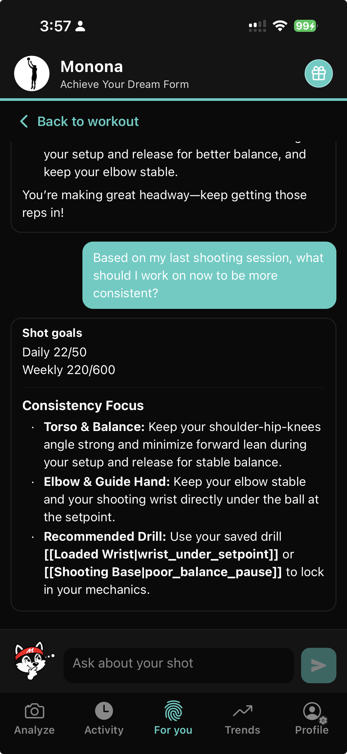 Mo chat answering based on last shooting session with goals and consistency tips