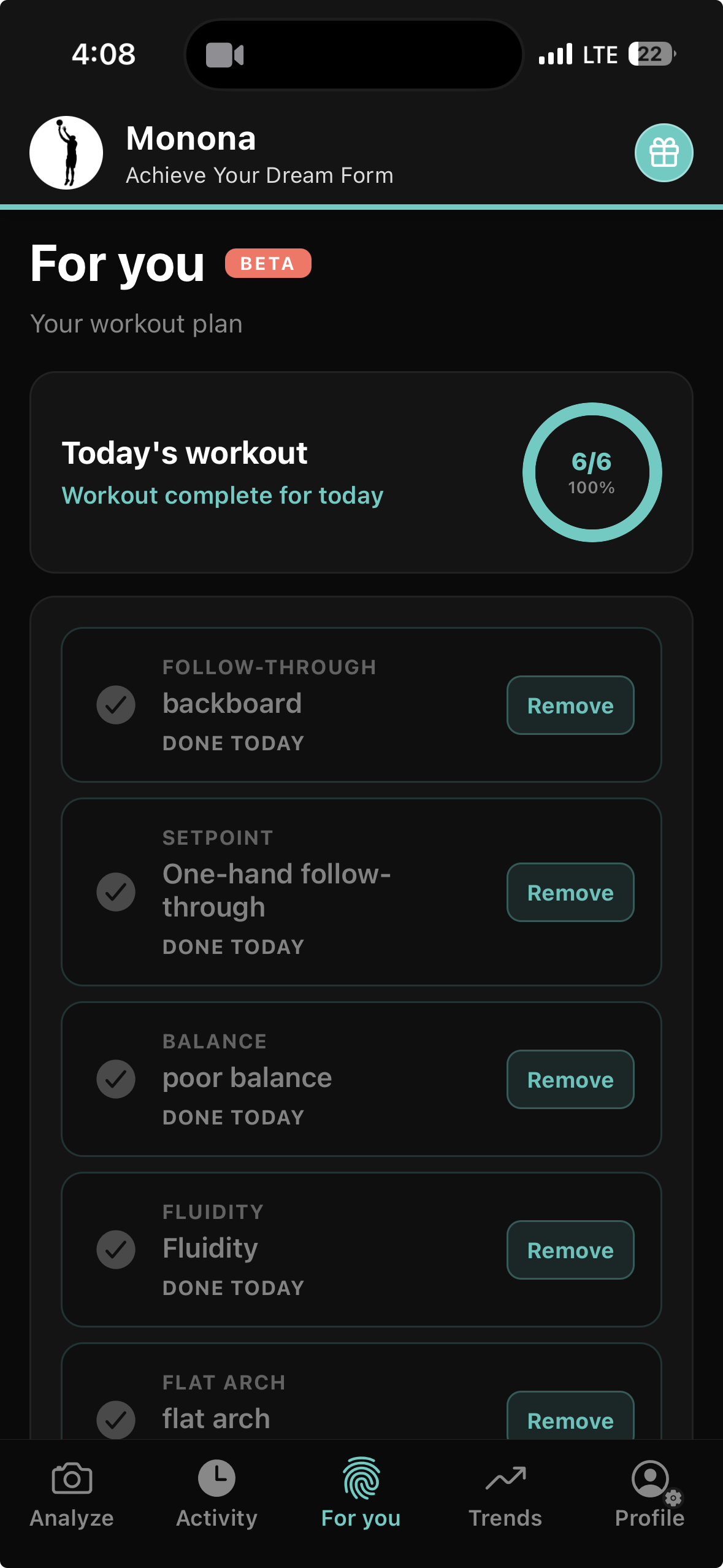 For you tab showing personalized daily workout plan and drills